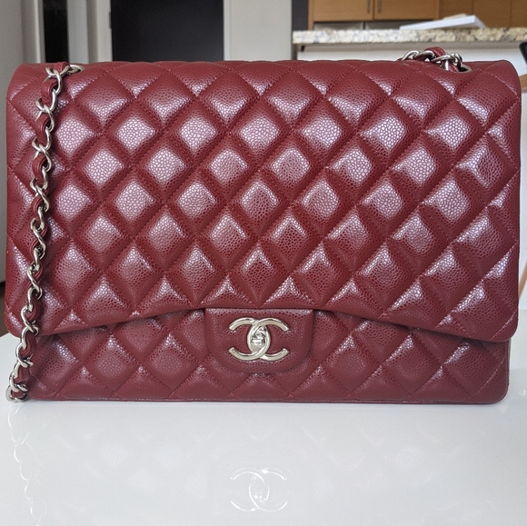 CHANEL Handbags - Chanel Maxi burgundy red caviar silver double flap